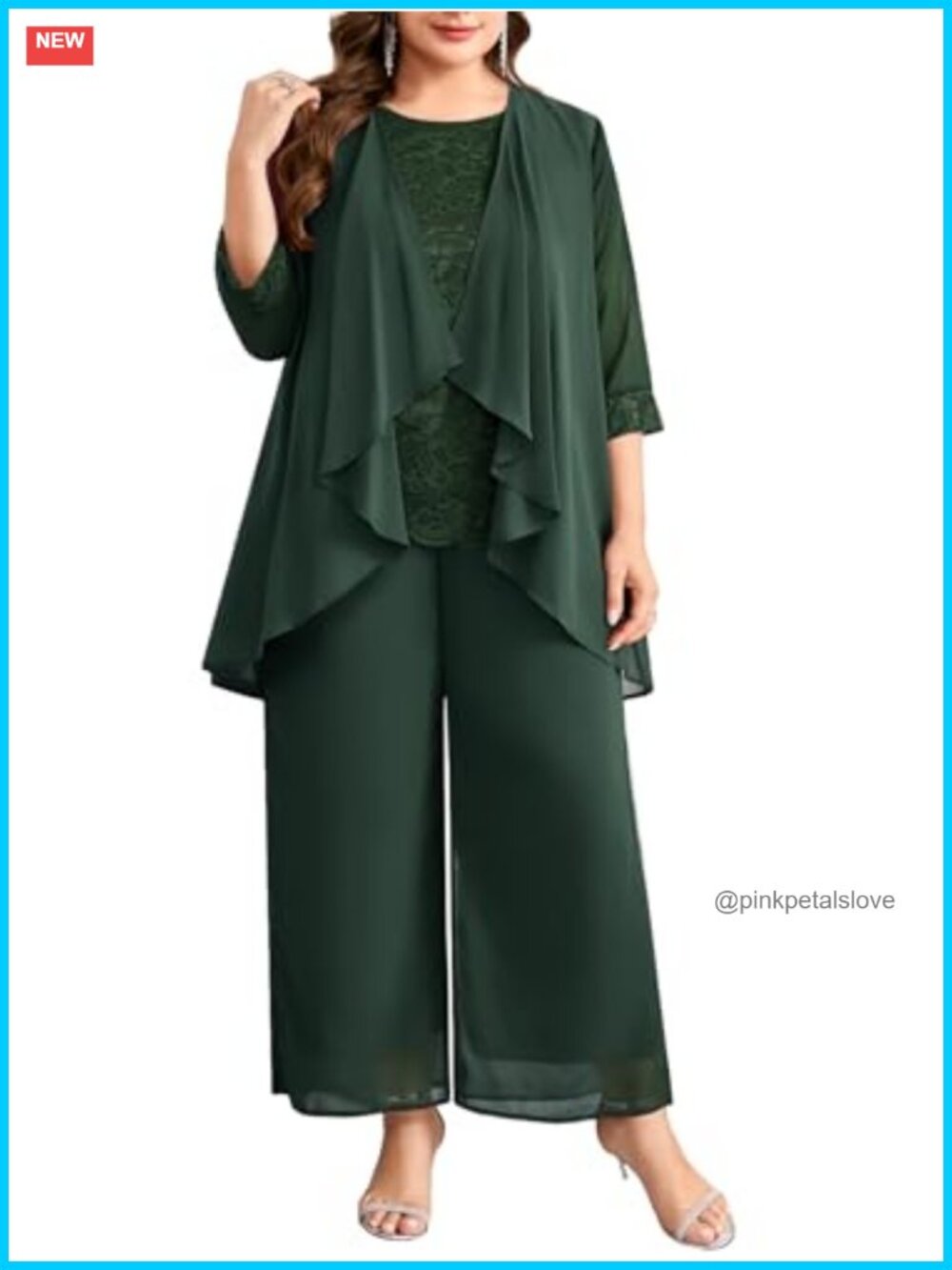 Women's Plus Size 3 Piece Pantsuit Lace Chiffon Wedding Guest Outfit